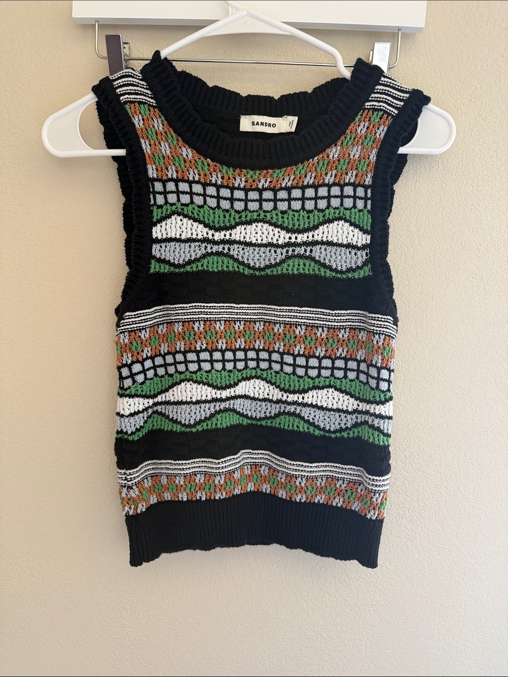 Sandro Black Knit Sleeveless Patterned Vest with Green and White Accents